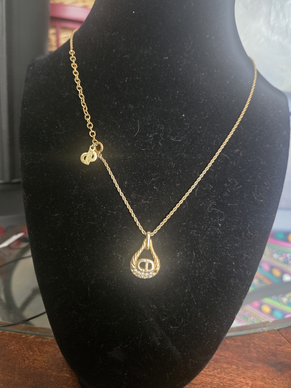 Christian Dior Gold-tone Teardrop Pendant Necklace with Crystal Accent
